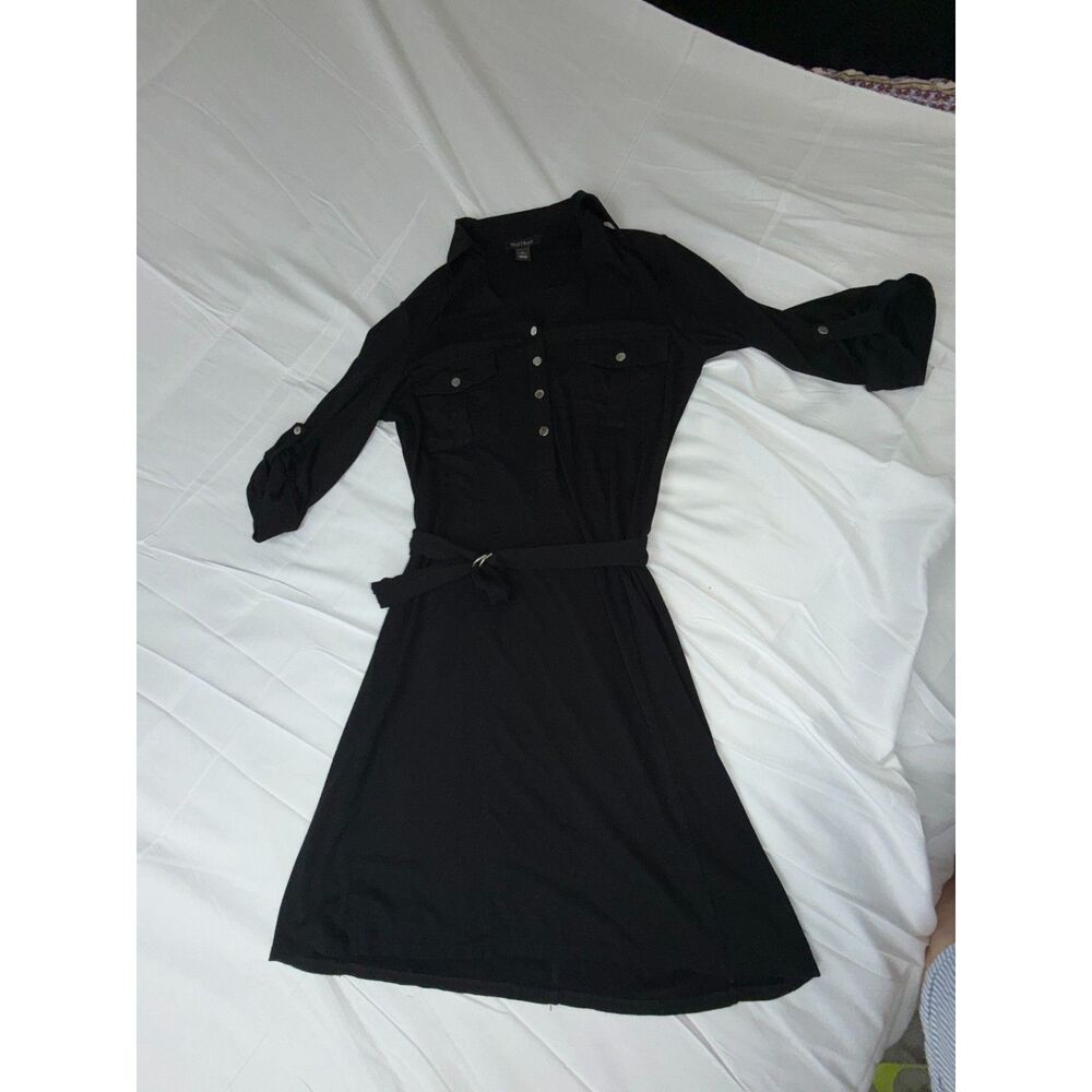 White House Black Market Black Roll-Tab Sleeve Belted Shirt Dress